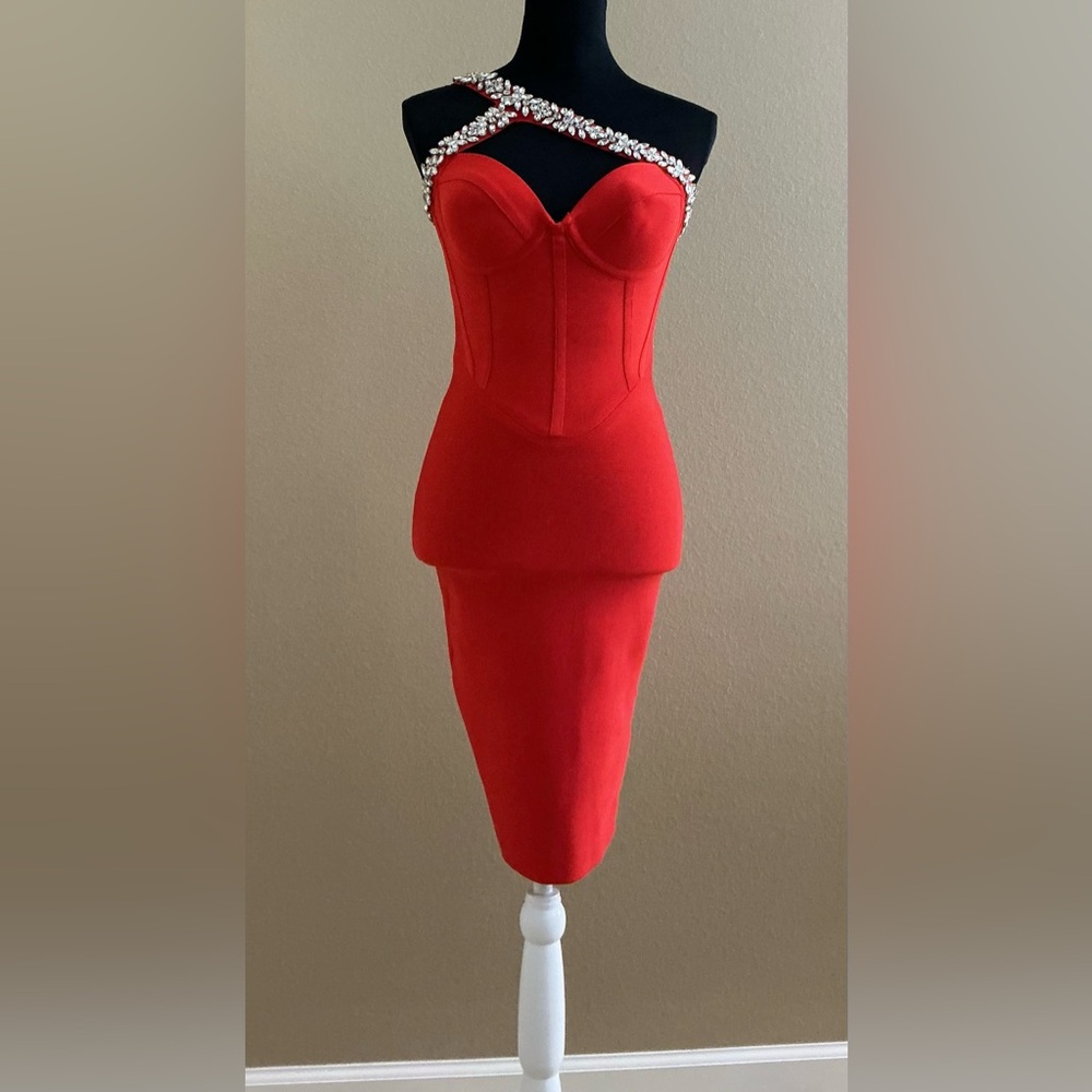 Strapless Red Dress with Pearl Accents